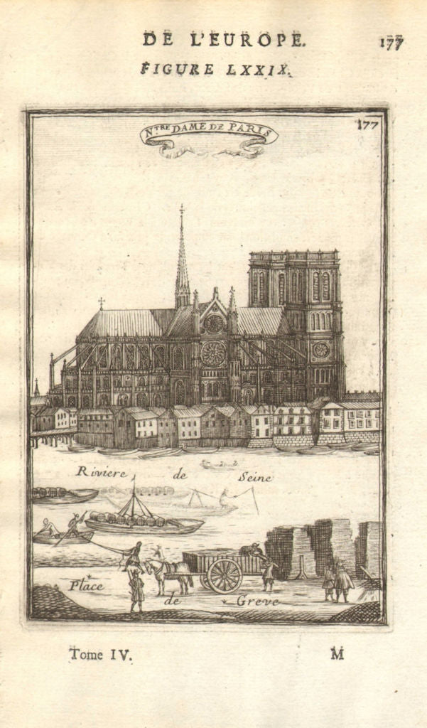 NOTRE DAME DE PARIS. Fine view of the cathedral with many figures. MALLET 1683